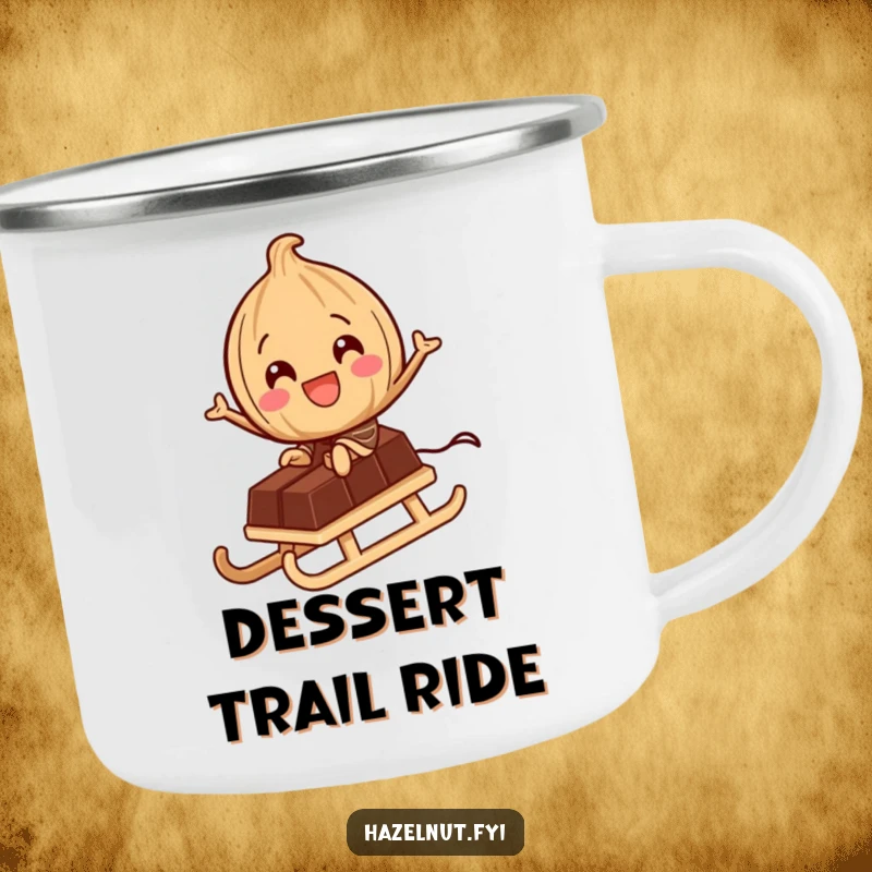 Funny Camping Mug: A delighted hazelnut character rides a tiny chocolate bar like a sled, perfect for enjoying warm drinks with sweet cheer.