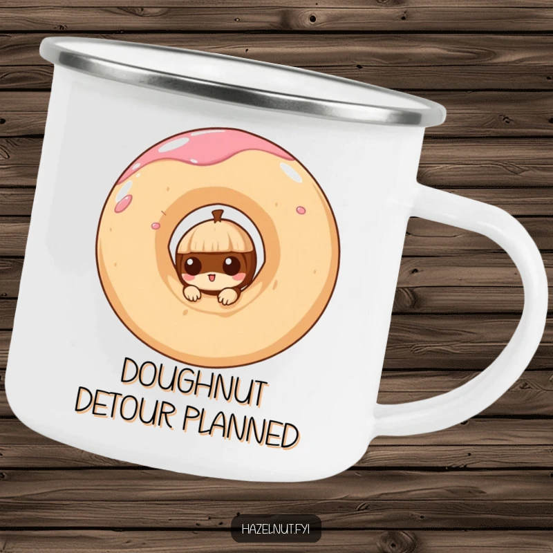 Funny camping mug with a curious hazelnut peeking from a giant, swirling doughnut, for enjoyable outdoor sips.