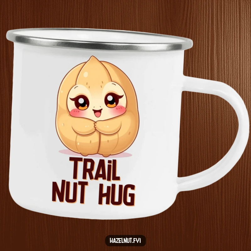 Funny Hazelnut Hug Camping Mug: a big-eyed nutty character hugging a giant hazelnut in an outdoor setting, a sturdy funny gift.