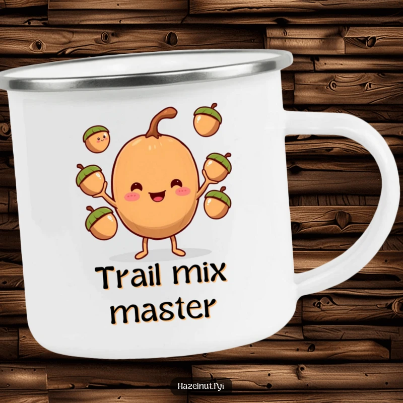 Funny Hazelnut Juggler Camping Mug, a smiling hazelnut with tiny arms tossing acorns, perfect for outdoor enthusiasts.