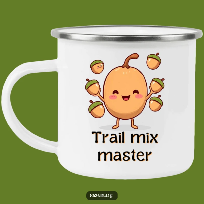 Funny Hazelnut Juggler Camping Mug: Trail-Ready Humor with Acorn Acrobatics