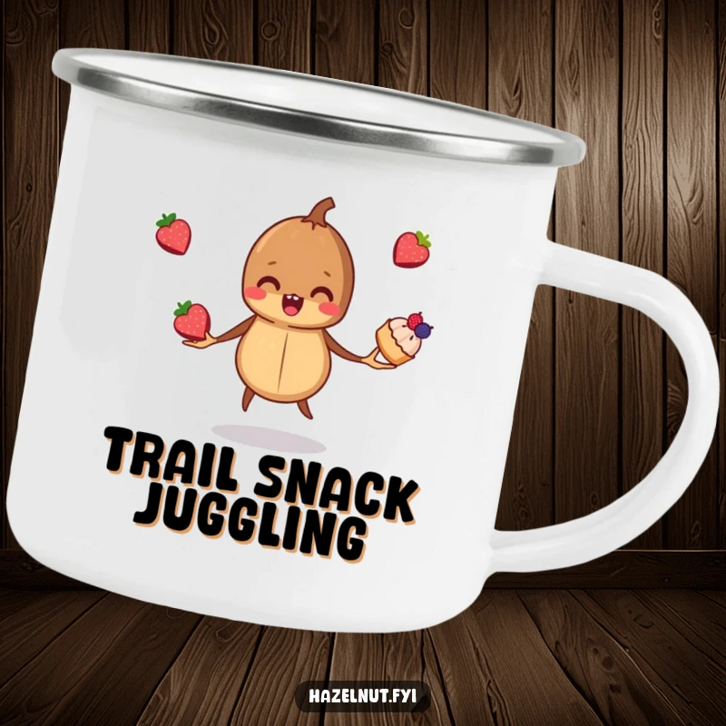 Funny, mischievous hazelnut juggling three tiny berry pastries, designed for a durable camping mug, perfect for outdoor enjoyment.