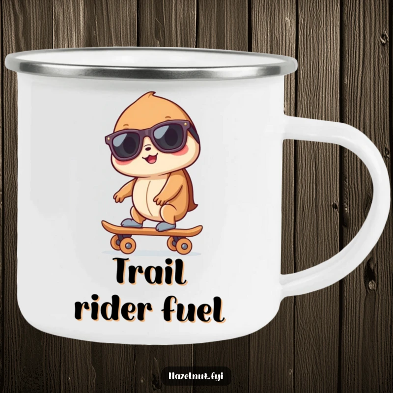 Funny hazelnut wearing sunglasses, riding a tiny skateboard, designed for a durable camping mug, perfect for outdoor enthusiasts.
