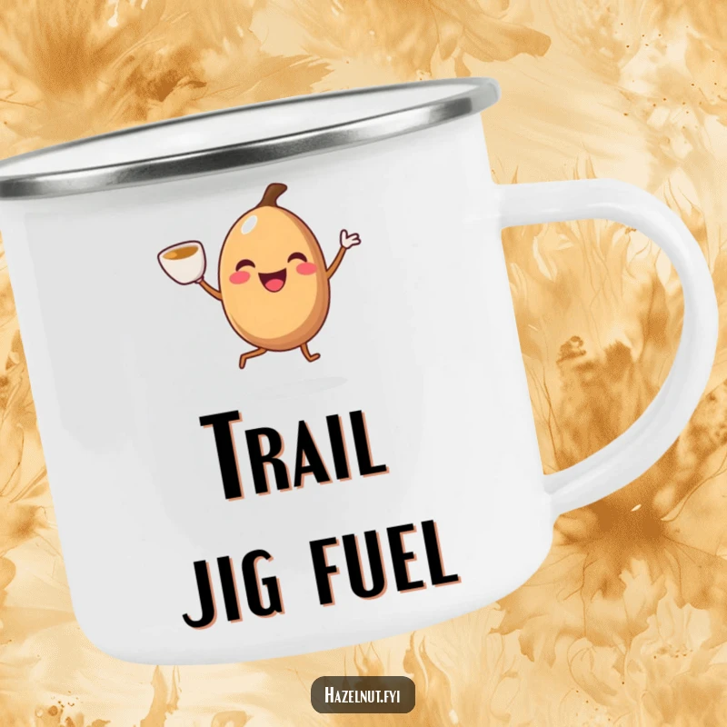 Smiling hazelnut with legs doing a joyful jig with a coffee cup, on a camping mug, for enjoying drinks outdoors with energetic charm.