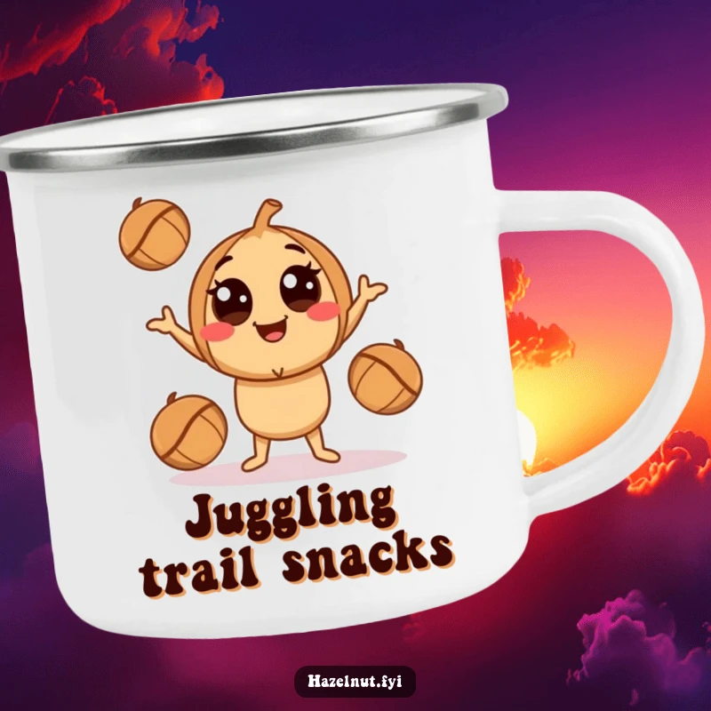 Funny Juggling Hazelnut Camping Mug: A smiling character with big eyes playfully juggling hazelnuts, ideal for outdoor drinks.