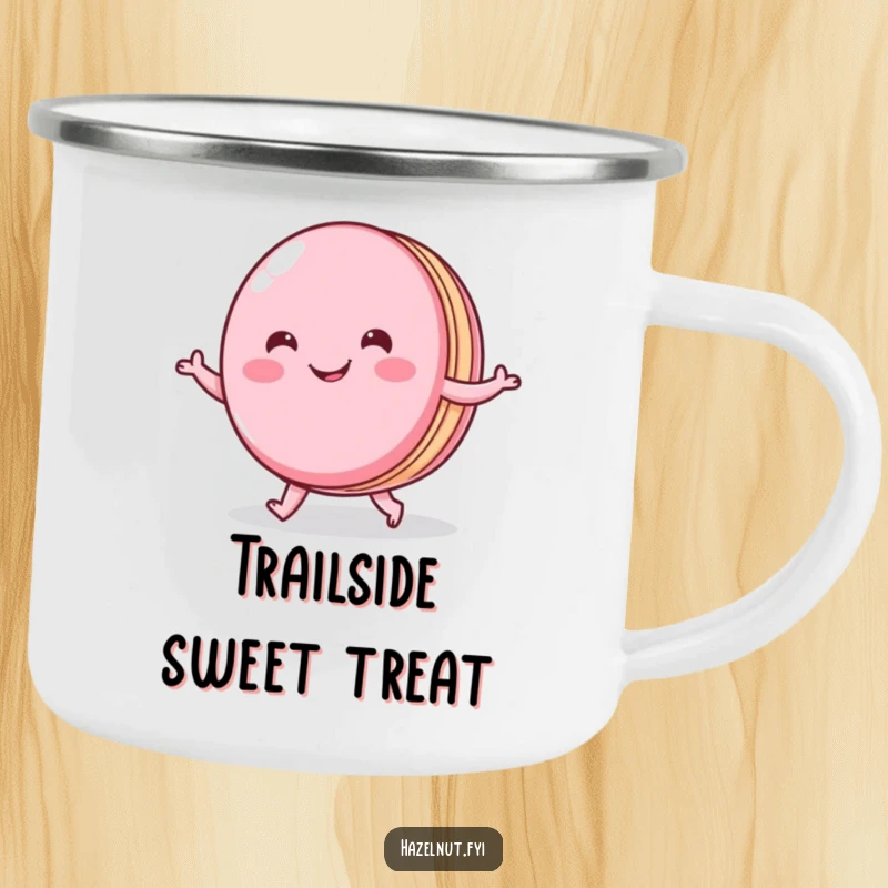 Funny camping mug showing a cheerful macaron doing a little shuffle, perfect for enjoying coffee outdoors with flair.