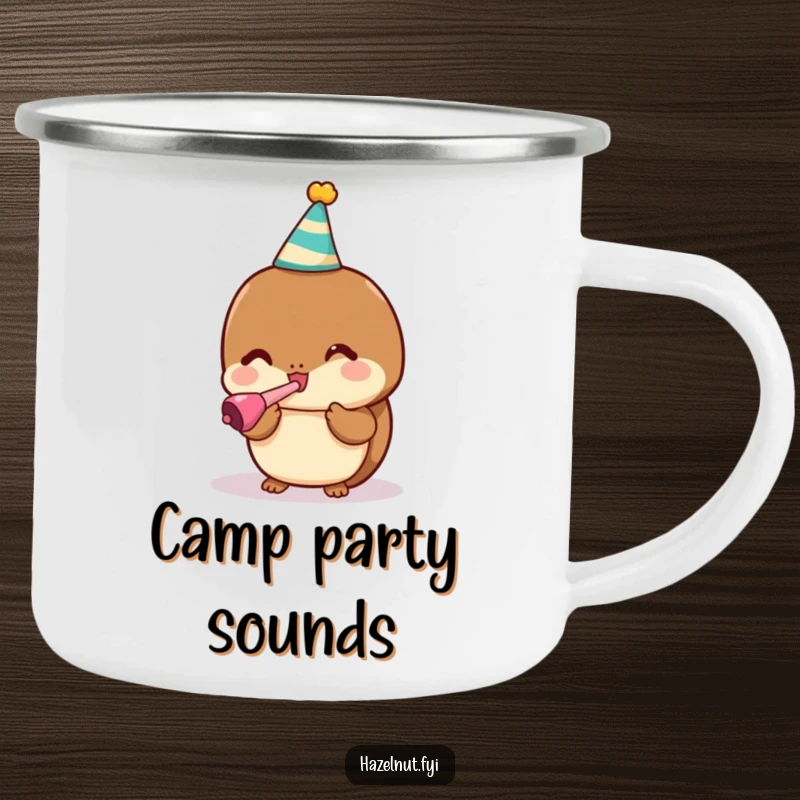 Funny enamel camping mug featuring a kawaii hazelnut in a party hat blowing a noisemaker, for outdoor celebrations.