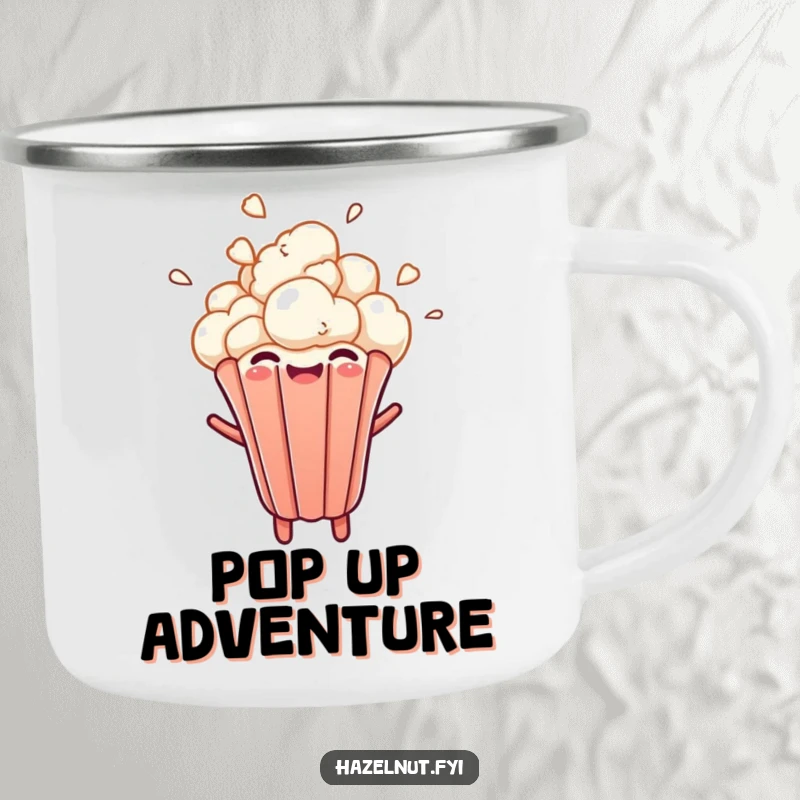 Funny camping mug with a cheerful popcorn kernel bursting upwards with a delighted expression, a fun companion for outdoor trips.