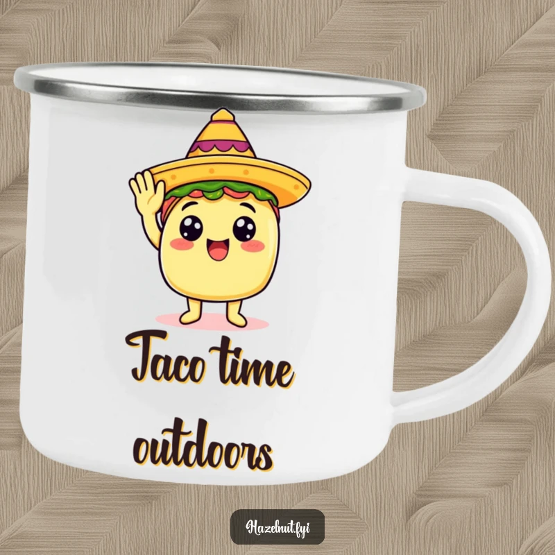 Funny camping mug displaying a happy taco wearing a tiny sombrero and giving a salute.