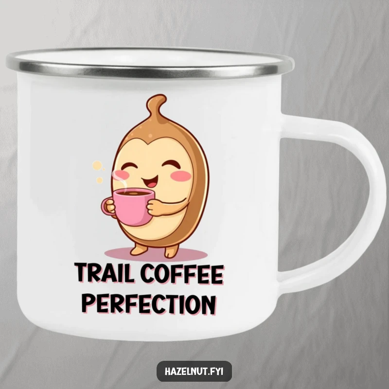 Funny Winking Hazelnut Camping Mug: A cheerful character winks while holding a tiny, steaming coffee cup, ideal for outdoor drinks.