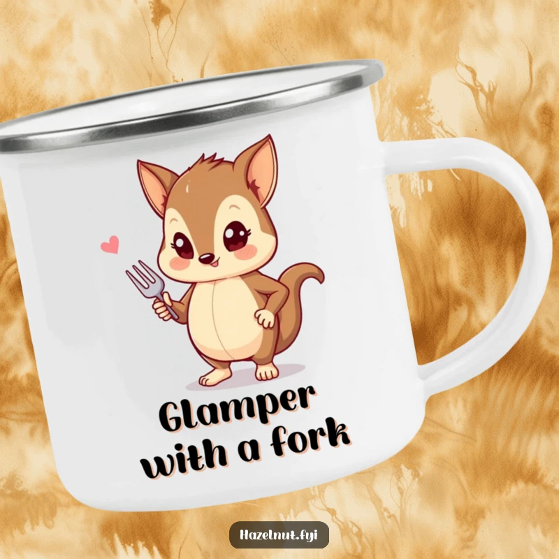 Funny camping mug with a stylish hazelnut striking a pose with a tiny fork, for outdoor enjoyment.