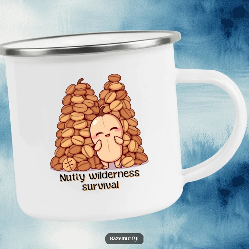 Funny camping mug with a winking hazelnut striking a proud pose next to a towering pile of nuts, a fun companion for outdoor trips.