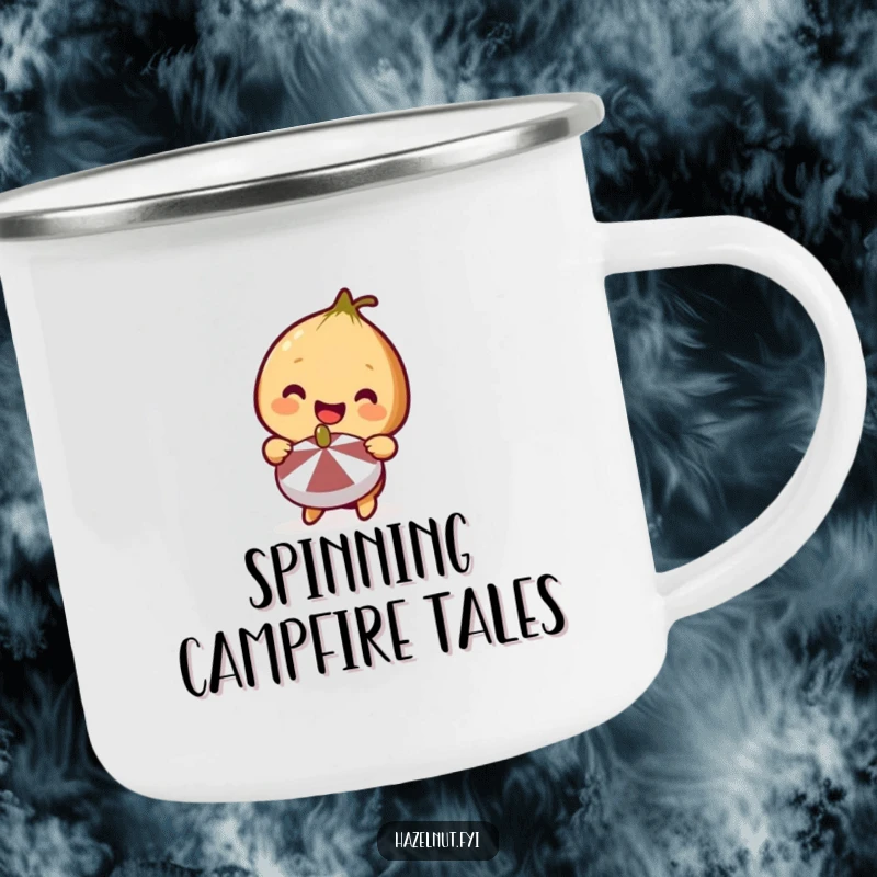 Funny Hazelnut Camping Mug showing a cute smiling hazelnut holding a miniature spinning top, perfect for playful outdoor moments.