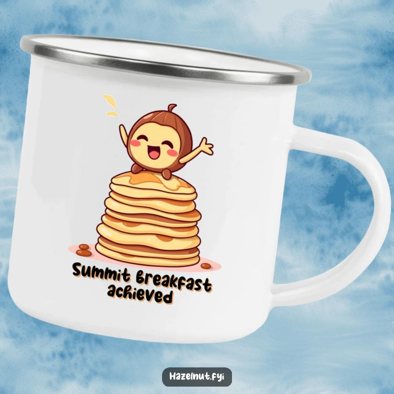 Funny hazelnut character camping mug, striking a dramatic pose on a towering stack of pancakes, humorous outdoor drinkware.