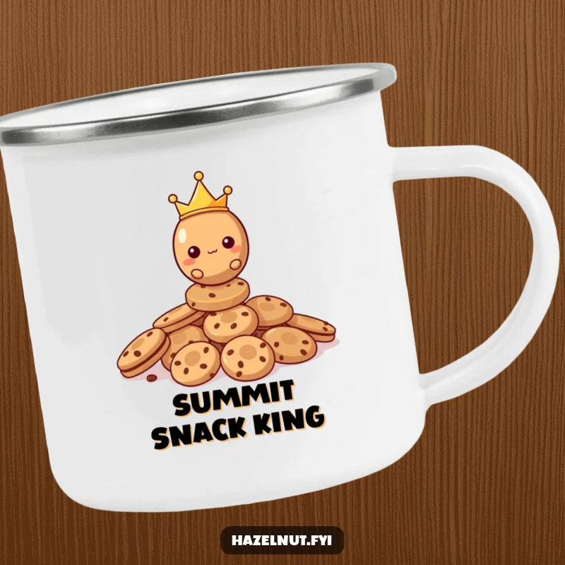 Funny Hazelnut Camping Mug depicting a crowned hazelnut king atop a pile of cookies, ready for outdoor escapades.