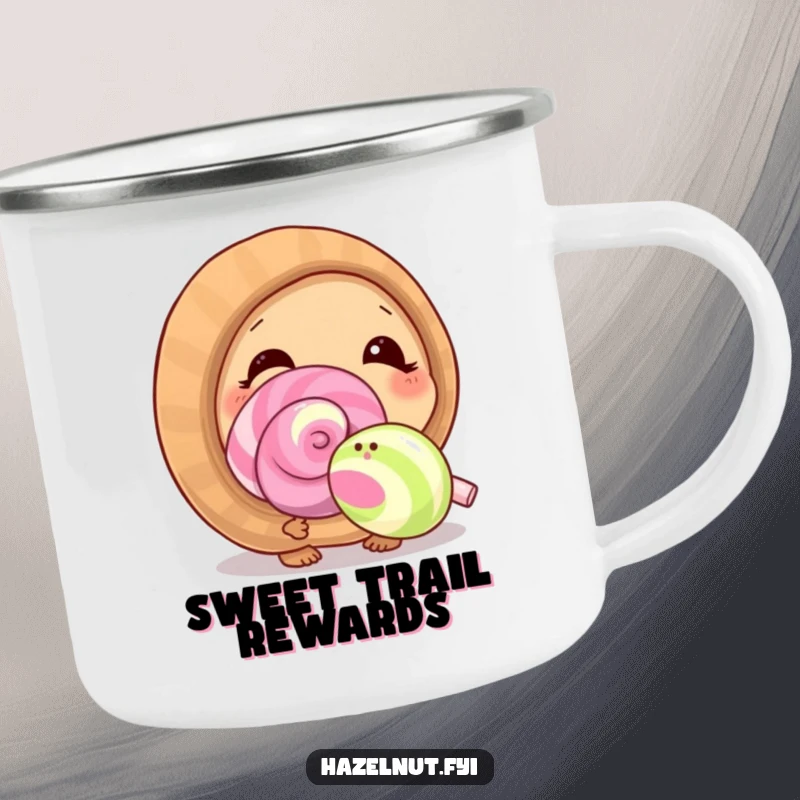 Durable funny camping mug with a curious hazelnut sniffing a giant lollipop, for sweet outdoor enjoyment.