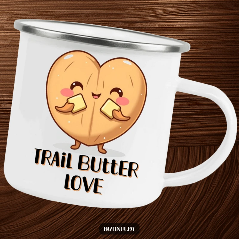 Funny camping mug featuring a hazelnut character making a heart with butter pats, perfect for outdoor enjoyment and humor.