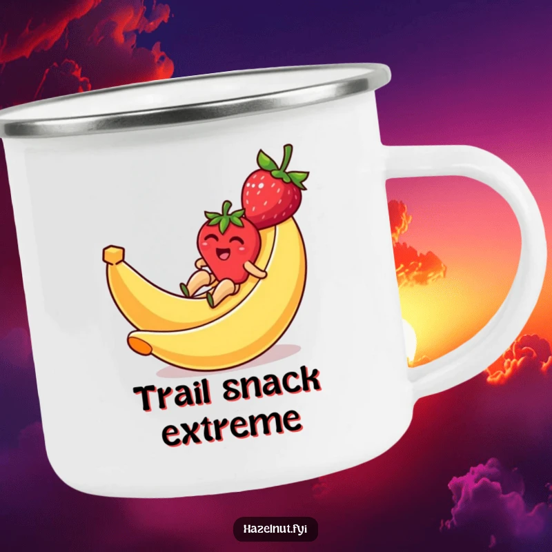 Funny camping mug showing a strawberry comically sliding down a banana peel, built for outdoor laughs.