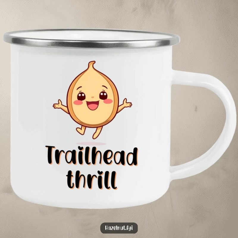 Funny Joyful Hazelnut Camping Mug, a cheerful hazelnut leaping high, perfect for enthusiastic campers.