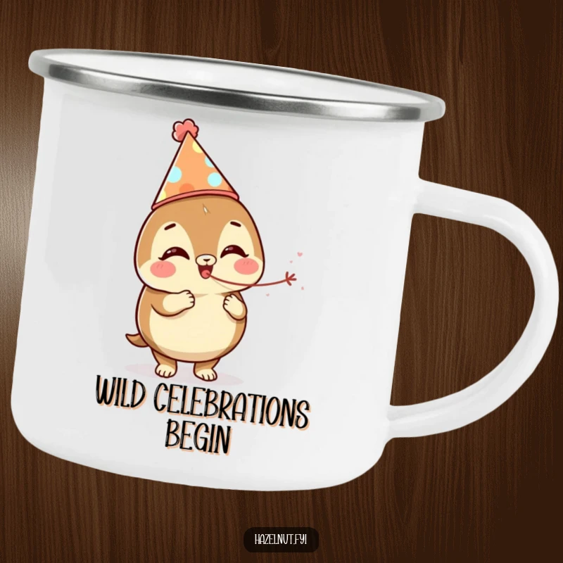 Durable funny camping mug featuring a giggling hazelnut with a party hat and streamer, for festive outdoor enjoyment.