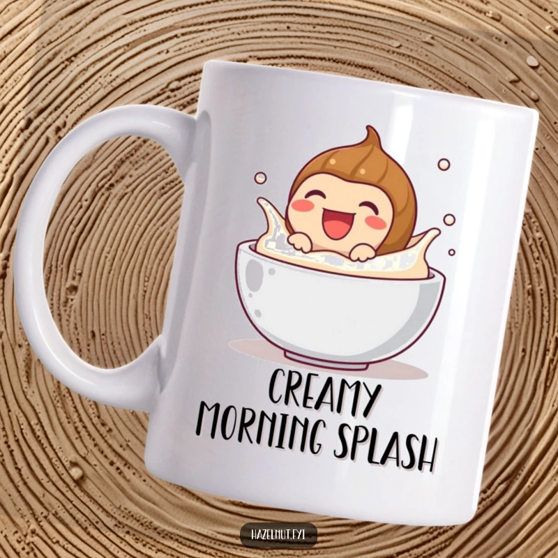 Funny mug featuring a laughing hazelnut playfully splashing in a bowl of cream, embodying pure joy and a love for treats.
