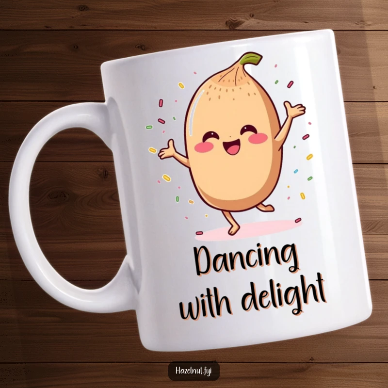 Funny mug showcasing a smiling kawaii hazelnut character joyfully dancing surrounded by colorful sprinkles.