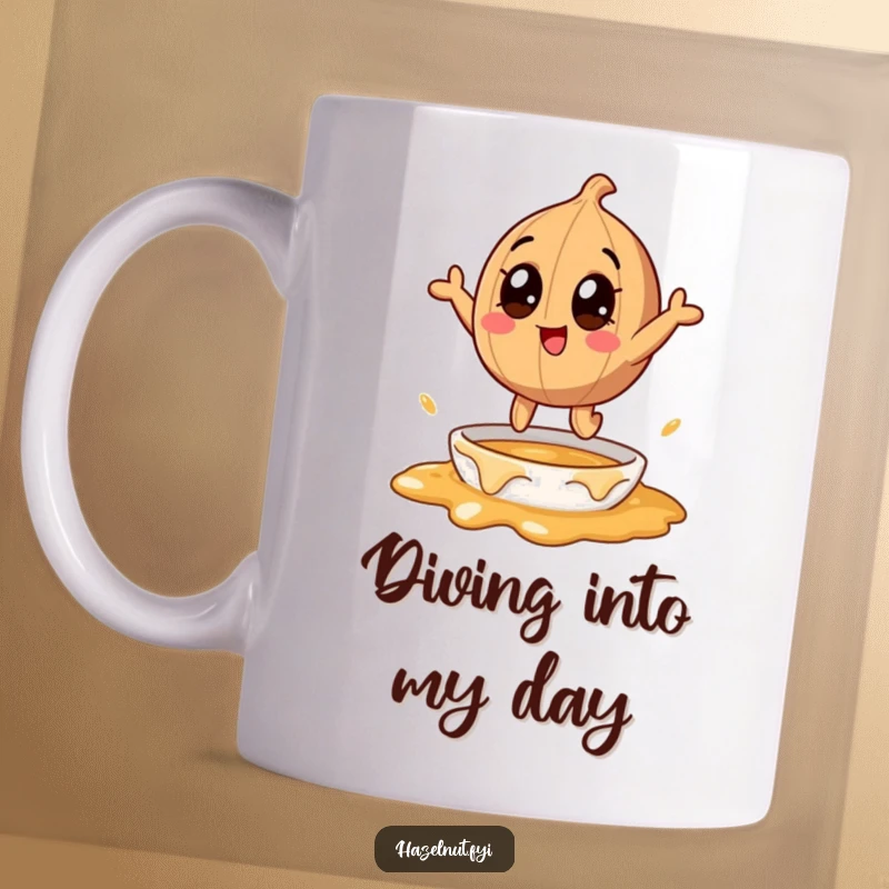Funny hazelnut character with wide eyes, joyfully leaping into gooey caramel, depicted on a mug, a humorous and sweet gift.