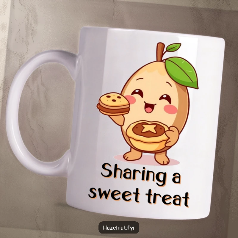 Cheerful hazelnut character offering a miniature pie with a warm smile, symbolizing kindness and treats on a coffee mug.