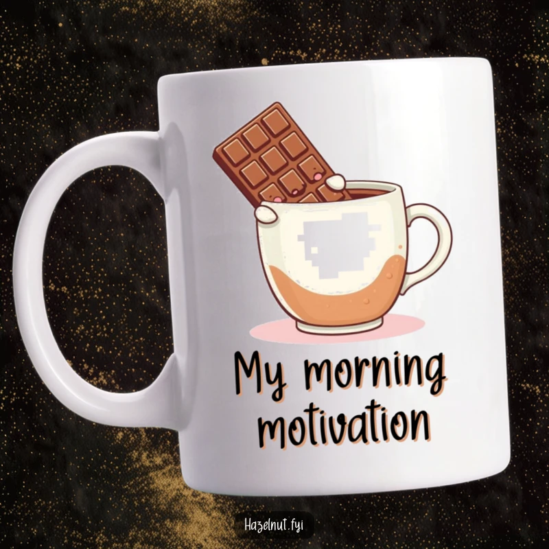 Funny mug with a cute, blushing chocolate bar dramatically leaping into a steaming giant mug of coffee, expressing pure joy.