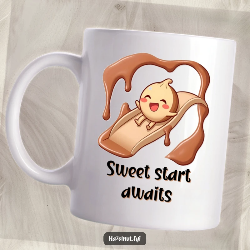 Funny Chocolate Slide Hazelnut Mug, a giggling character joyfully sliding down a thick, rich chocolate syrup slide.