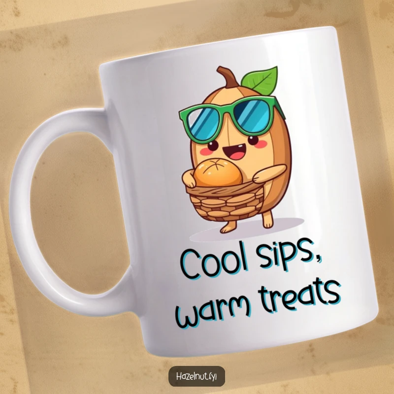 Funny Cool Hazelnut Mug with a hazelnut wearing sunglasses, offering a nutty treat from a small basket, looking effortlessly chill.
