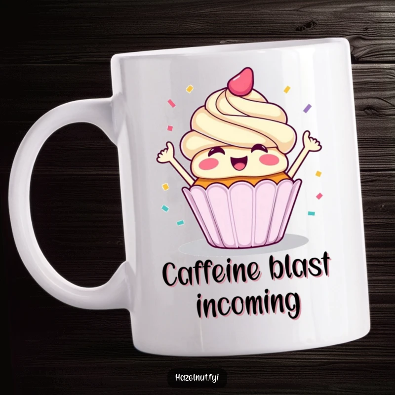 Funny mug showing a happy cupcake joyfully throwing confetti with a big smile, celebrating with vibrant party energy.