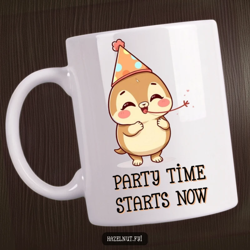 Funny, giggling hazelnut wearing a party hat, blowing a tiny streamer, bringing joy and celebration to a coffee mug.