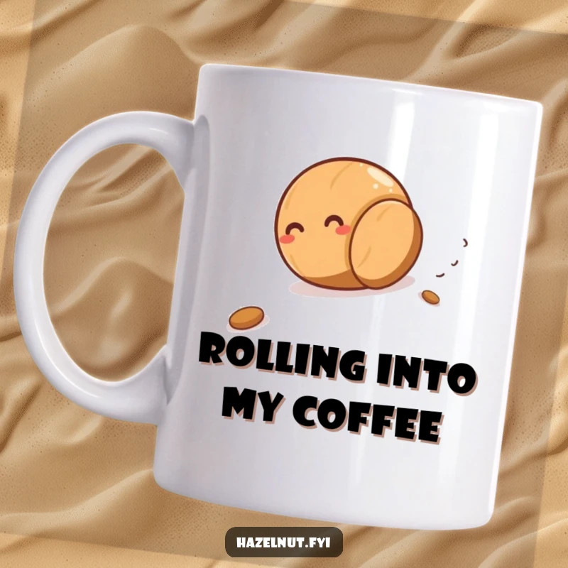 Funny plump hazelnut giggling as it rolls downhill, leaving a faint nutty aroma, on a delightful mug.