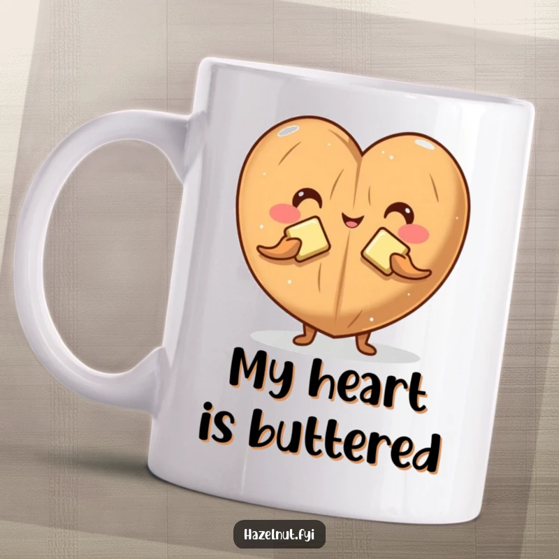 Funny mug with a playful hazelnut character forming a heart shape using two small pats of butter, conveying love and humor.