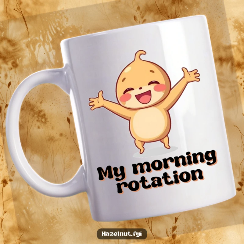 Funny mug with a laughing hazelnut doing a cartwheel with arms outstretched, radiating pure joy and playfulness.