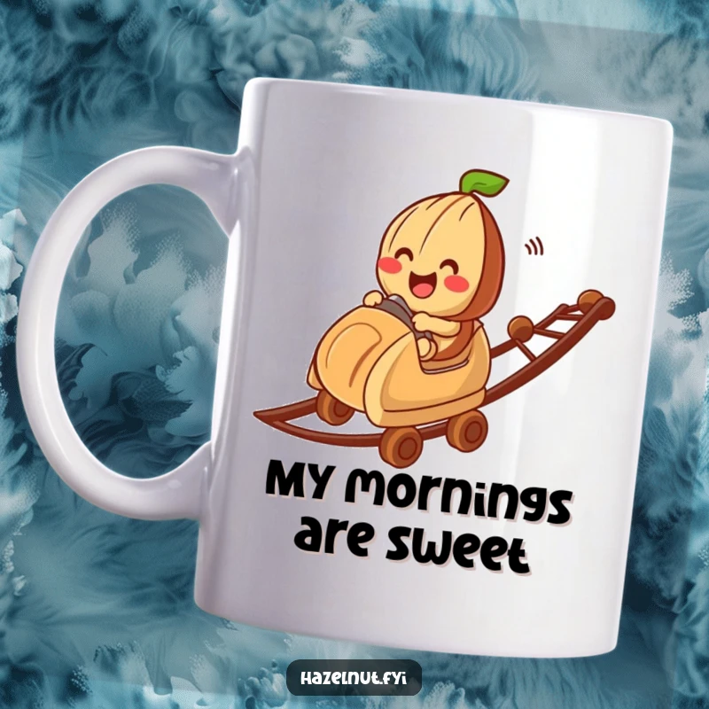 Funny hazelnut character joyfully riding a chocolate bit roller coaster, depicted on a mug, perfect for a humorous gift.