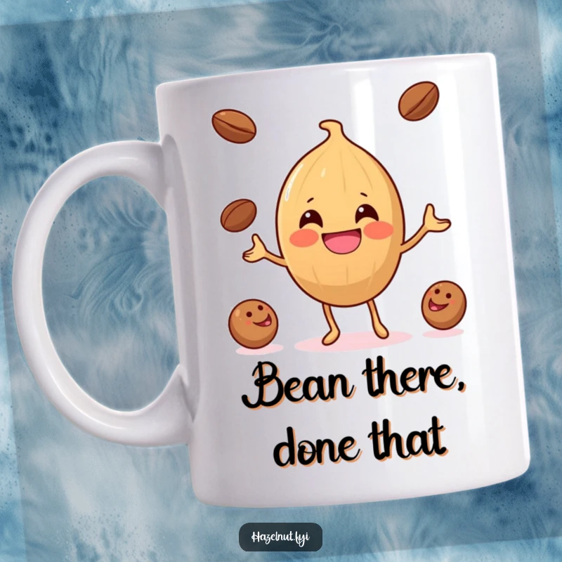 Funny Hazelnut Coffee Bean Juggler Mug: A gleeful hazelnut energetically juggles three tiny coffee beans, radiating pure fun.