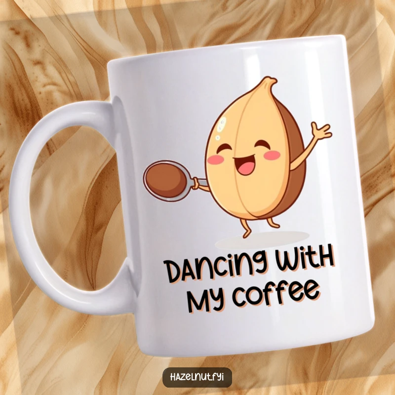 Funny mug with a joyful hazelnut dancing with a spoon, celebrating the fun of cooking and eating.