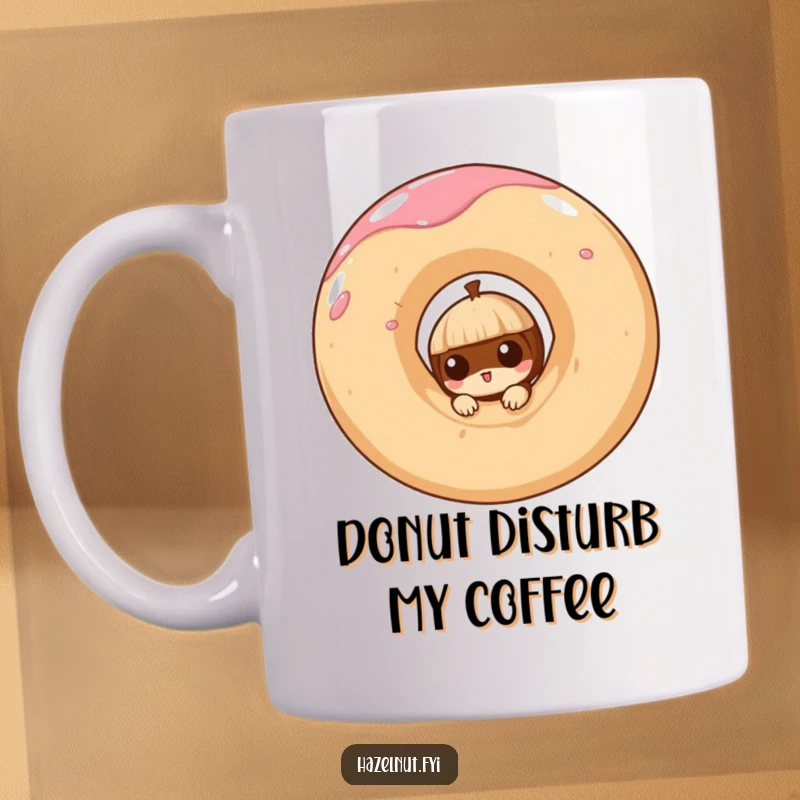 Funny mug with a curious hazelnut peeking from a giant, swirling doughnut, creating a whimsical and delightful scene.
