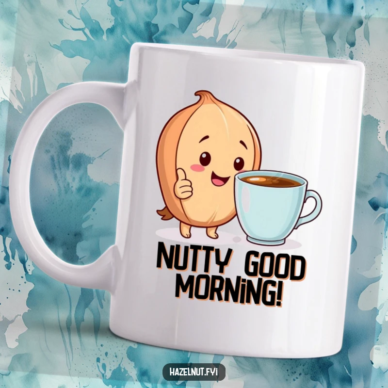 Funny Mug: A happy hazelnut character gives a thumbs up next to a steaming cup, celebrating a perfect brew.