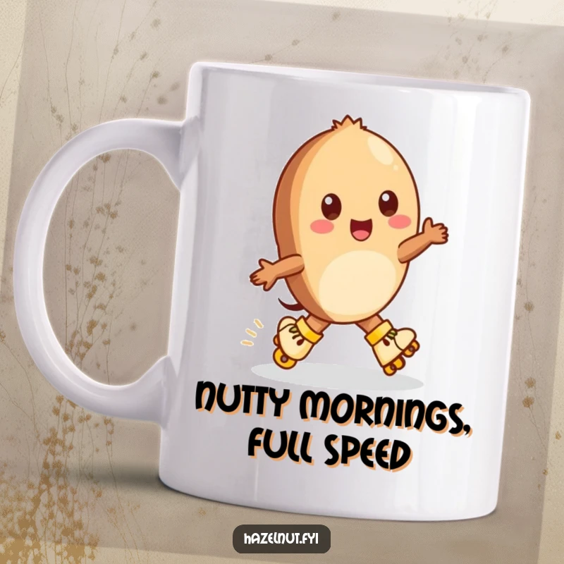 Funny Hazelnut Mug: A cheerful hazelnut on tiny roller skates zips around, perfect for a fun and funny gift.