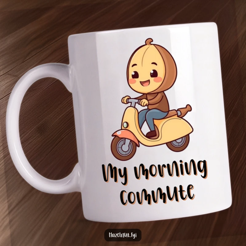 Funny Hazelnut Mug character gleefully riding a giant rolling pin like a scooter, bringing joy and laughter with every sip.