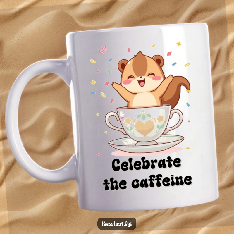 Funny, happy hazelnut balancing on a teacup, joyfully throwing confetti, embodying celebration and delight.