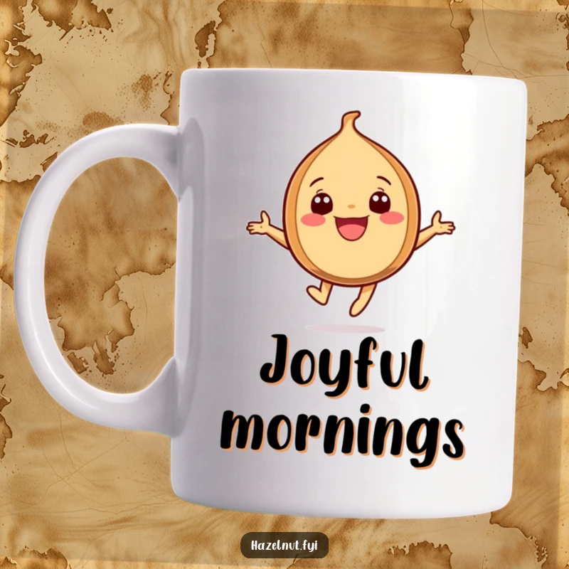 Funny Joyful Hazelnut Mug, a cheerful character with a wide grin leaping high in the air, full of happiness.