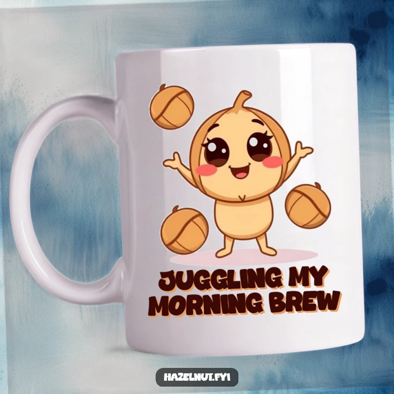 Funny Juggling Hazelnut Mug: A smiling character with big eyes playfully juggling three smaller hazelnuts for a comical touch.