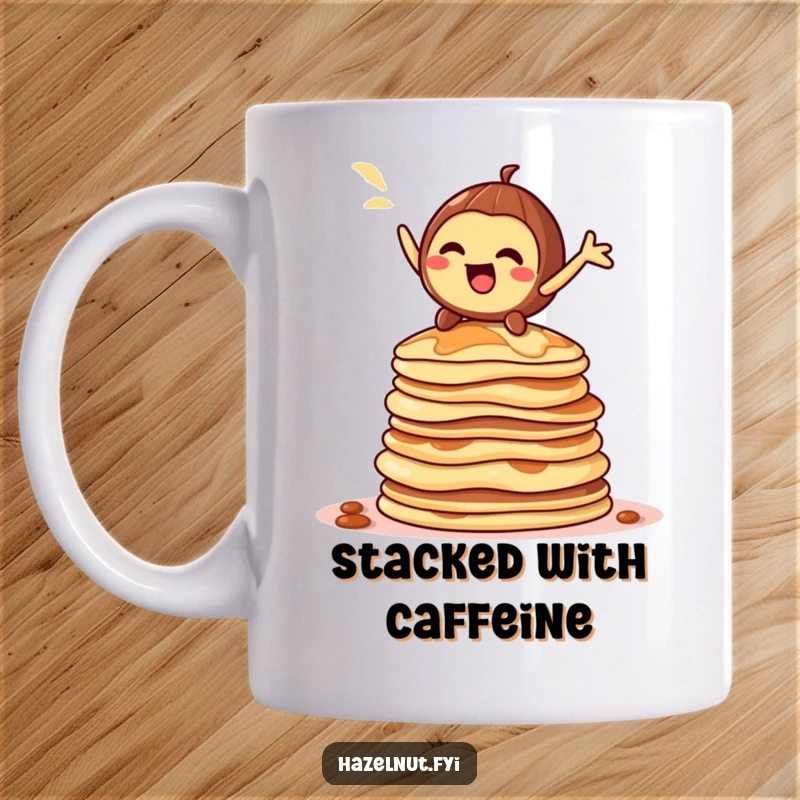 Funny hazelnut character mug, striking a dramatic pose on top of a towering stack of pancakes, humorous breakfast lover gift.