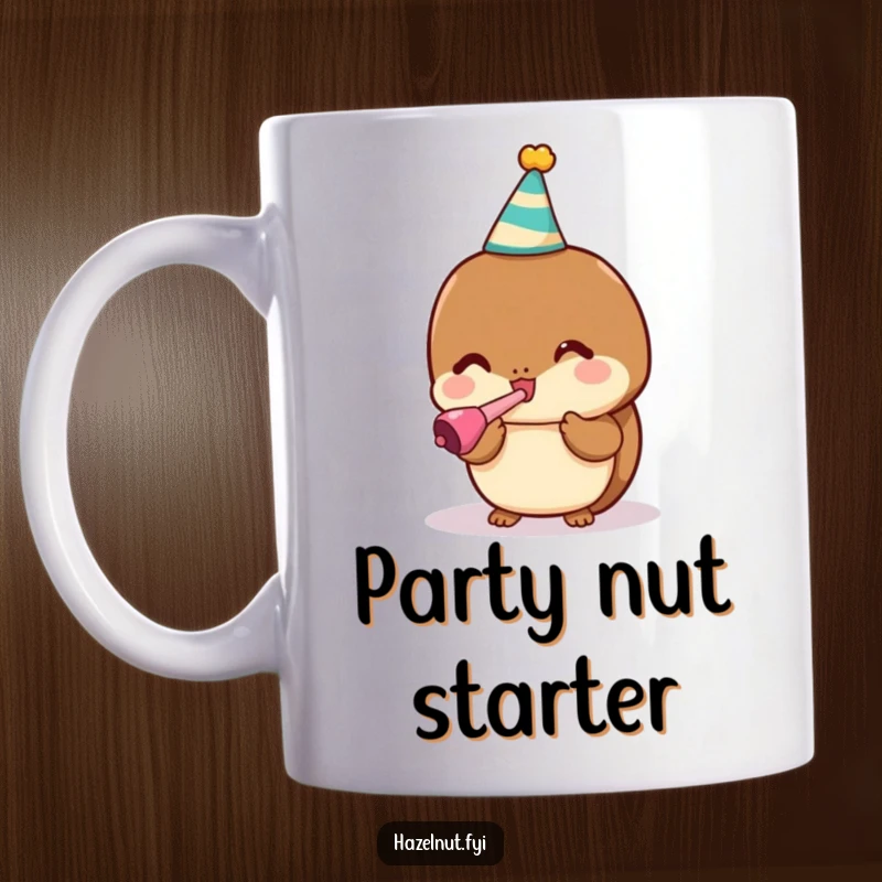 Funny mug showing a cute kawaii hazelnut wearing a tiny party hat and blowing a noisemaker with enthusiasm.