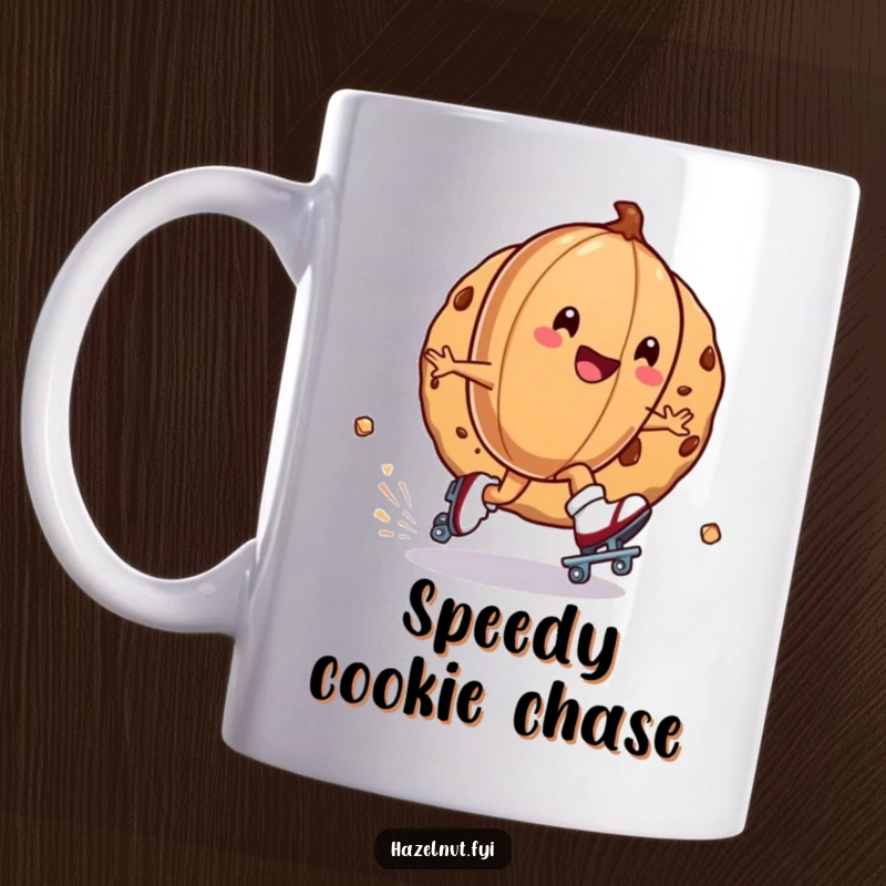 Funny mug featuring a hazelnut on roller skates, gleefully zipping around a giant cookie, a playful and humorous gift.