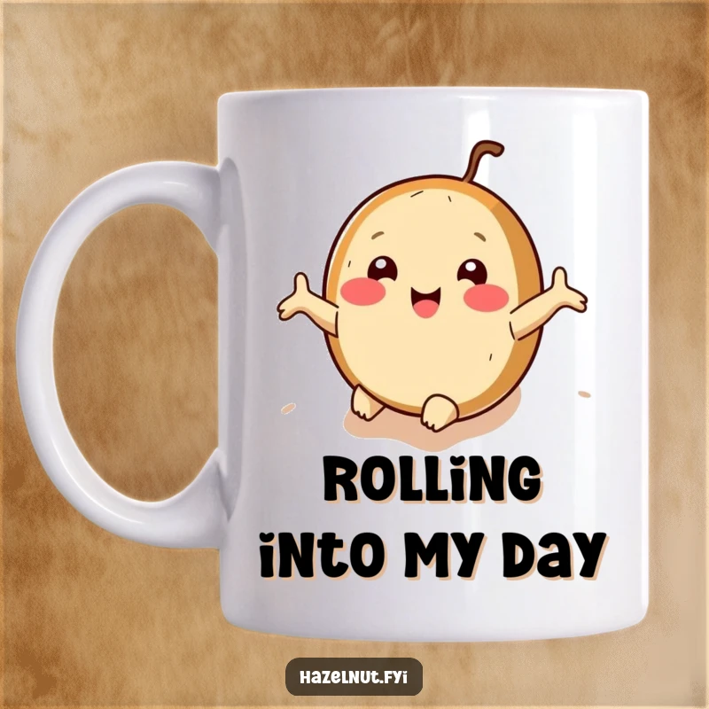 Funny happy hazelnut character rolling downhill with tiny arms outstretched, embracing chaotic, hilarious freedom.